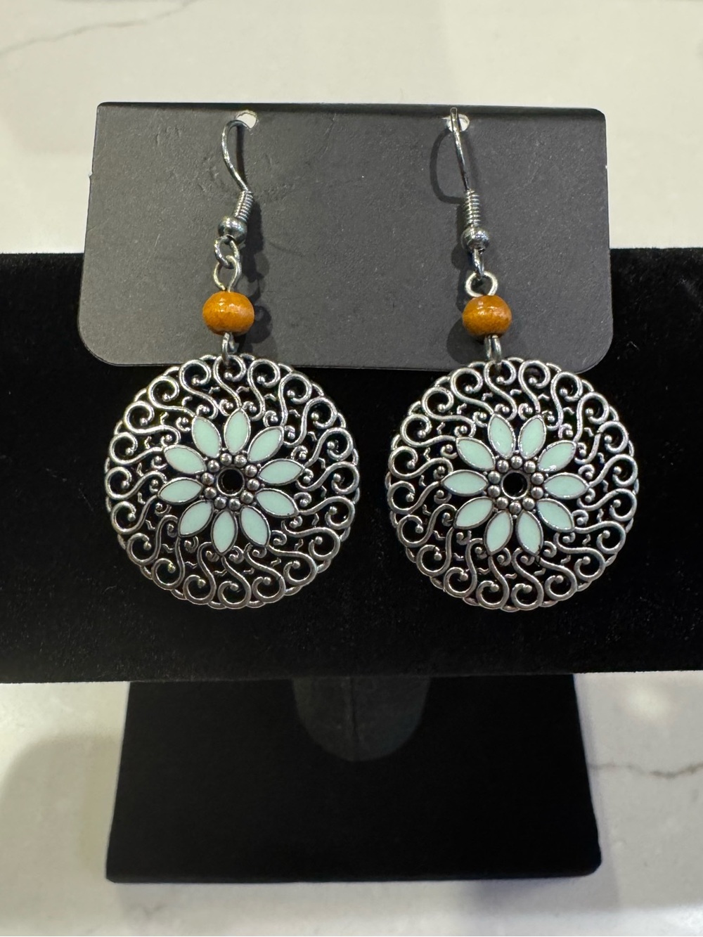 Filigree Drop Earrings with Mint Flower Accents
